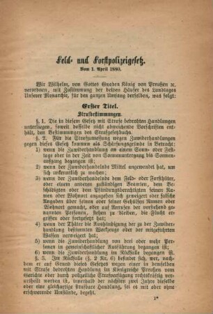 Feld- und Forstpolizeigesetz. Vom 1. April 1880.
