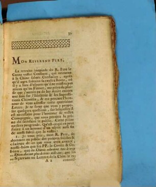 IV. Lettre D'Un Docteur En Theologie De L'Ordre De Saint Dominique Sur L'Idolatrie Et Les Superstitions De La Chine, Au Reverend Pere Dez Provincial des Jesuites