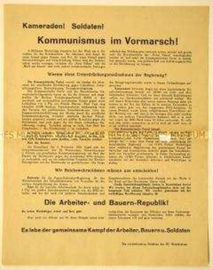 Programmatischer Agitationsaufruf an die Soldaten zum Kampf der Arbeiter, Bauern und Soldaten für eine Arbeiter- und Bauern-Republik