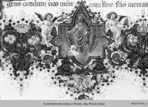 Psalter : Buchseite mit Randbordüre, eingeschlossenen Medaillons, Text und historisierter Initiale P mit dem auferstandenen Christus
