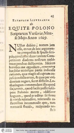 Exemplum Litterarum ab Equite Polono Scriptarum Varsaviae Mense Majo Anno 1669