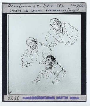 Rembrandt, Drei Halbfigurenstudien eines Mannes (für Emmaus-Jünger) (Zeichnung Benesch 87) (Paris, Fondation Custodia 1922)