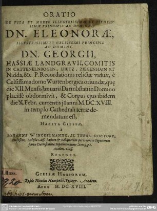 Oratio de vita et morte Eleonorae, Georgii, Hassiae Landgravii viduae