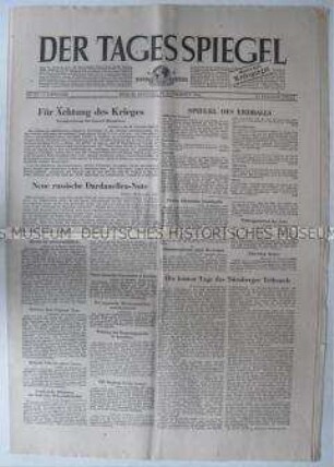 Berliner Tageszeitung "Der Tagesspiegel" u.a. zu einer Pressekonferenz von Eisenhower über die Aufgaben der US-Streitkräfte in Deutschland und über den Nürnberger Kriegsvebrecherprozess, mit illustrierter Wochenendbeilage