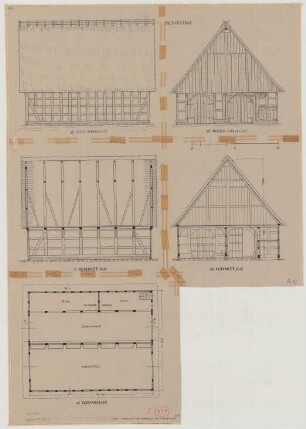 Bornholte (Kreis Wiedenbrück): Hof Kettelhoit. Scheune mit Stall (Grundriss, Ansichten, Schnitte)