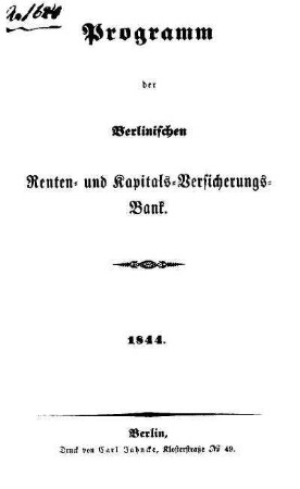 Programm der Berlinischen Renten- und Kapitals-Versicherungs-Bank : 1844