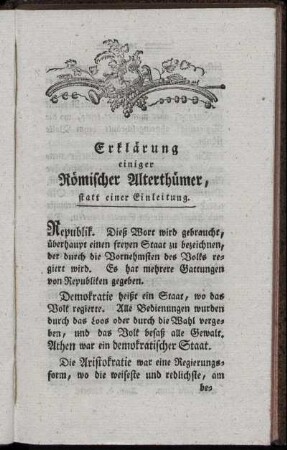 Erklärung einiger Römischer Alterthümer, statt einer Einleitung.