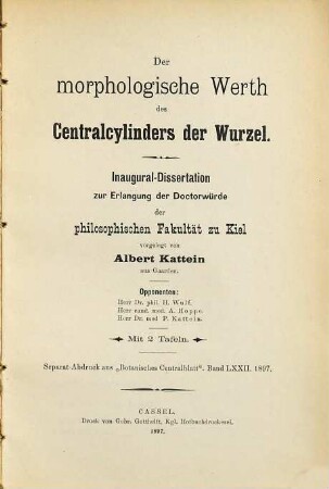 Der morphologische Werth des Centralcylinders der Wurzel