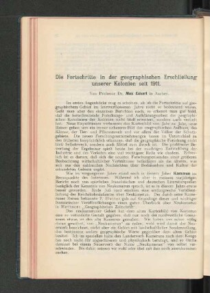 Die Fortschritte in der geographischen Erschließung unserer Kolonien seit 1911.