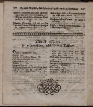 Drittes Register, der öconomischen, gelehrten u.a. Aufsätzen.