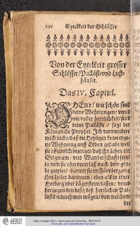 Von der Eytelkeit grosser Schlösser / Palläst- und Lusthäuser. Das IV. Capitel