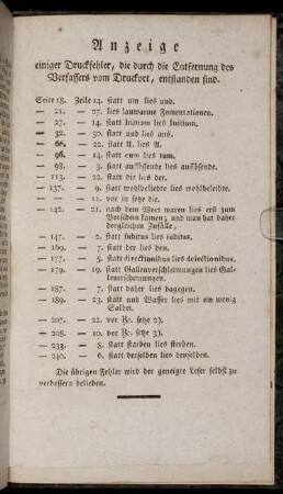 Anzeige einiger Druckfehler, die durch die Entfernung des Verfassers vom Druckort, entstanden sind.