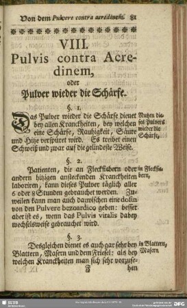 VIII. Pulvis contra Acredinem, oder Pulver wieder die Schärfe