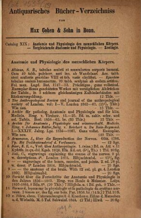 Antiquarischer Lager-Catalog von Max Cohen & Sohn (Fr. Cohen) in Bonn. 19. [ca. 1868]