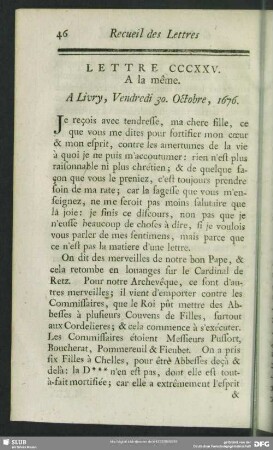Lettre CCCXXV. A la même. A Livry, Vendredi 30. Octobre, 1676