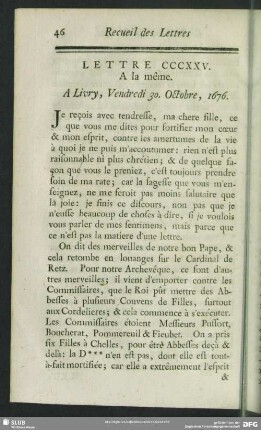 Lettre CCCXXV. A la même. A Livry, Vendredi 30. Octobre, 1676
