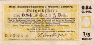 Goldwechselschein der Firma Mechanische Baumwoll-Spinnerei und Weberei Bamberg