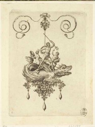 Anhänger mit Meeresungeheuer, Neptun und zwei Figuren, Blatt 6 aus der Folge: Bullarum Inarium Etc. Archetypi Artificiosi (Entwürfe für Anhänger II; 10 Blätter)