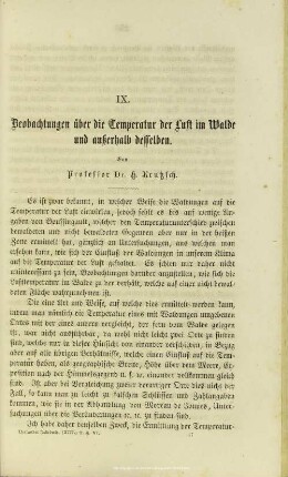 IX. Beobachtungen über die Temperatur der Luft im Walde und außerhalb desselben.