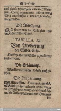 TABELLA XI. Von Probierung der Silber-Ertze.