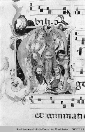 Textseite mit Randseitenbordüre, vierzeiligen Neumen und einer historisierten Initiale (A): Heilige und Engel - Sequentiae et hymni