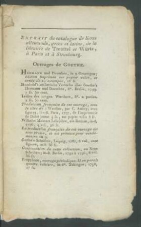 Extrait du catalogue de livres allemands, grecs et latins, de la librairie de Treuttel et Würtz ...
