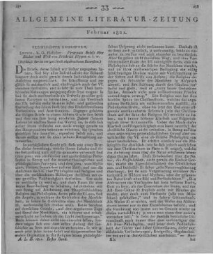 Köppen, F.: Vertraute Briefe über Bücher und Welt. Leipzig: Fleischer 1820 (Beschluss der im vorigen Stück abgebrochenen Recension)