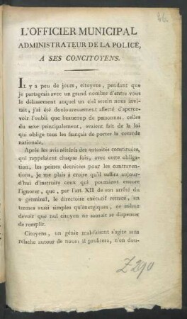 L' Officier Municipal Administrateur De La Police, A Ses Concitoyens