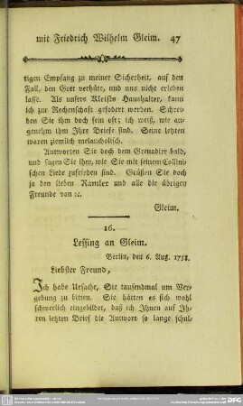 16. Lessing an Gleim. Berlin, den 6. Aug. 1758