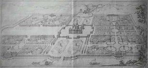 Entwurf für eine Schlossanlage in Pillnitz : Entwurf für eine Schlossanlage in Pillnitz, Umzeichnung der Vogelschau von 1720/1721 (Aufnahme vor der Restaurierung)