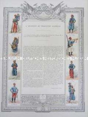 Uniformdarstellung, Uniformen von Soldaten des 4. Algerischen Schützen-Regiments und Beschreibung seiner Organisation, Frankreich, 1882-1893.