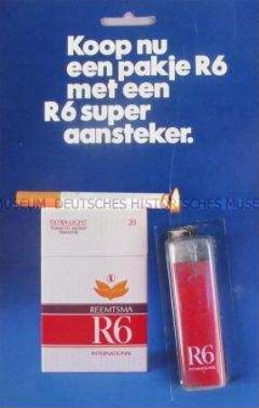 Feuerzeug (originalverpackt und mit niederländischer Beschriftung) mit Werbeaufdruck für "R6 International"-Zigaretten