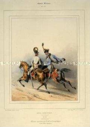 Uniformdarstellung, Offiziere des 3. Chevauleger- und des 6. Husaren-Regiments zu Pferd, Österreich, 1840/1850. Tafel Nr. 177 aus: Galerie Militaire.