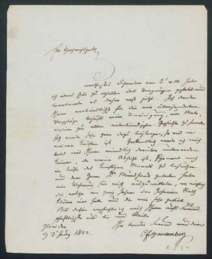 Brief des Staatskanzlers Fürst von Hardenberg bezüglich seiner Beiträge zur vaterländischen Geschichte