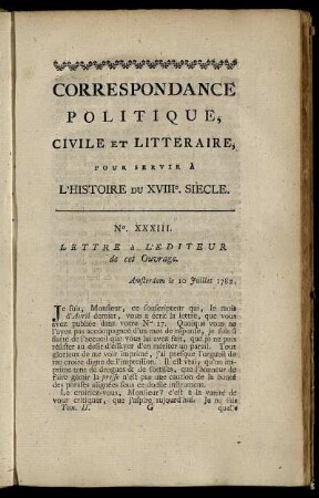 No. XXXIII. Lettre à L'Editeur de cet Ouvrage