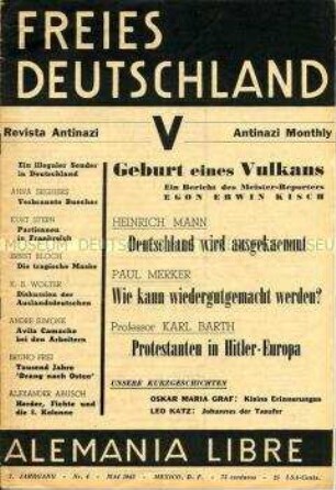 Exilzeitschrift der Bewegung "Freies Deutschland" (Mexico) u.a. zum 10. Jahresstag der Bücherverbrennung und zur Resistance in Frankreich