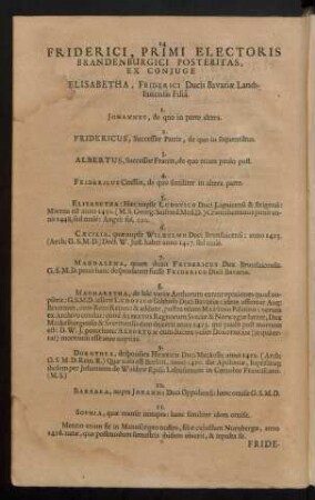 Friderici, Primi Electoris Brandenburgici Posteritas, Ex Coniuge