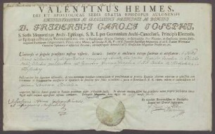 Testimonium primae tonsurae des Grafen Joseph Clemens von Westphalen zu Fürstenberg.