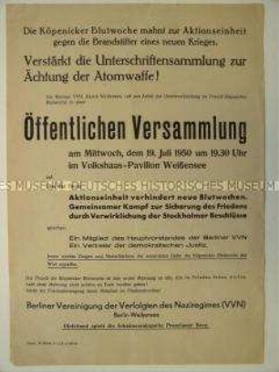 Aufruf zu einer öffentlichen Versammlung für die Durchsetzung des Stockholmer Appells zur Ächtung der Atomwaffen