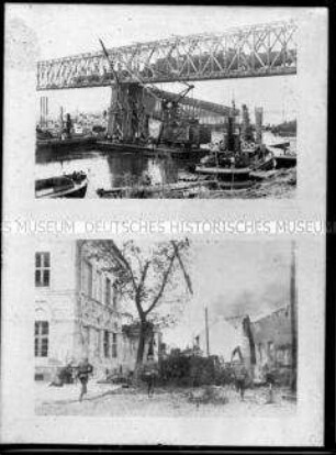 Eisenbahnbrücke über einem Fluss (oben); Soldaten bei Kampfhandlungen in einer Ortschaft (unten), 2. Weltkrieg