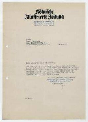 Brief von Kölnische Illustrierte Zeitung / Berliner Schriftleitung an Raoul Hausmann. Berlin