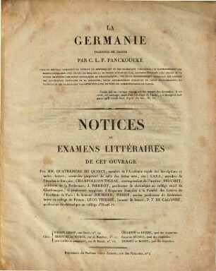 La Germanie, traduite de Tacite par C. L. F. Panchoucke : Notices ou examens littéraires de cet ouvrage