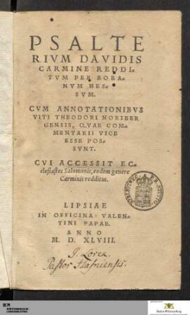 Psalterivm Davidis Carmine Redditvm