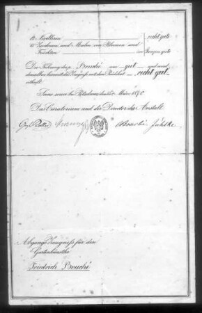 Abgangs-Zeugniß für den Gartenkünstler Friedrich Bouché, ausgestellt von der Königl. Gärtner-Lehr-Anstalt; Sans-souci bei Potsdam, den 25ten März 1870 : Abgangs-Zeugniß für den Gartenkünstler Friedrich Bouché, ausgestellt von der Königl. Gärtner-Lehr-Anstalt; Sans-souci bei Potsdam, den 25ten März 1870. Autograph (rechte Innenseite); 409 x 513 mm. Dresden: Privatbesitz