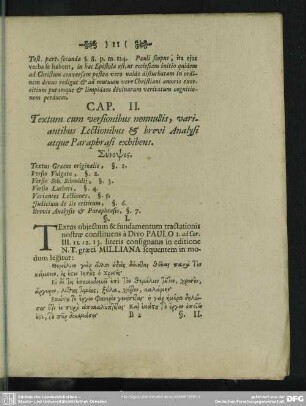 Cap. II. Textum cum versionibus nonnullis, variantibus Lectionibus & brevi Analysi atque Paraphrasi exhibens