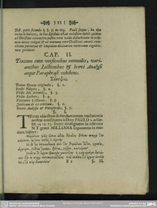 Cap. II. Textum cum versionibus nonnullis, variantibus Lectionibus & brevi Analysi atque Paraphrasi exhibens