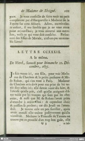 Lettre CCXXXIX. A la même. De Vitré, Samedi pour Dimanche 22. Décembre, 1675
