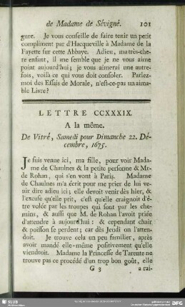 Lettre CCXXXIX. A la même. De Vitré, Samedi pour Dimanche 22. Décembre, 1675