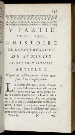 V. Partie Contenant L'Histoire De La Congregation De Auxiliis Divise'e En IV. Articles.