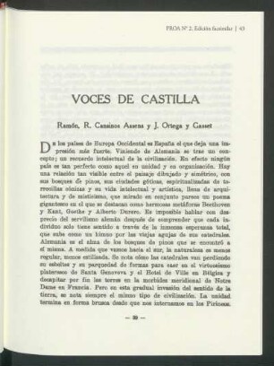 Voces de Castilla : Ramón, R. Cansinos Assens y J. Ortega y Gasset [y] Contemplación y creación
